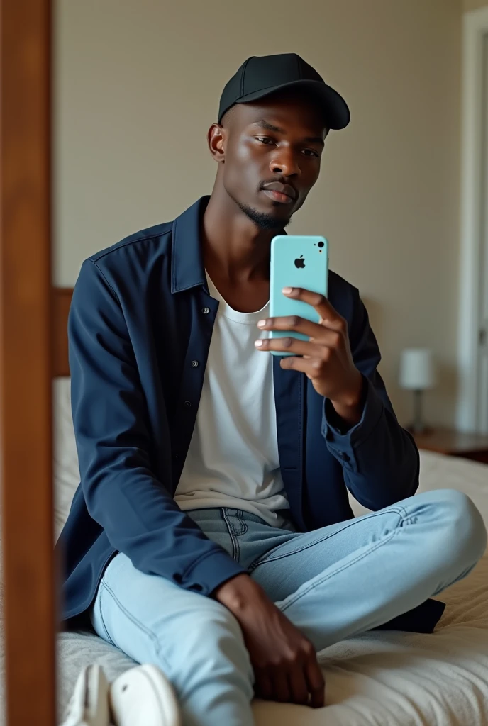 best qualityer:1.4), (ultra high resolution:1.2), (photorrealistic:1.4), (8k, CRU photo:1.0), a thin young man of 20 years old, skin black, with a smooth, beardless face, corte de cabelo buzzcut, He's wearing a black cap. is wearing a white tank top. He&#39;s wearing a basic navy blue coat on top.. is wearing light jeans. Basic white sneakers. He is sitting on the chair in front of the mirror. He&#39;s taking a picture. thin build. iPhone 15 pro cell phone with baby blue case. The iPhone apple is visible 