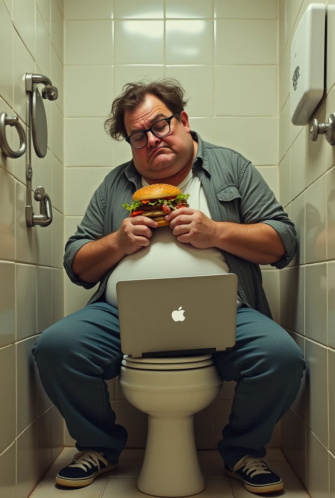 A slightly overweight man wearing glasses sitting on in a toilet scratching his pelvis while eating hamburger Infront of a laptop 