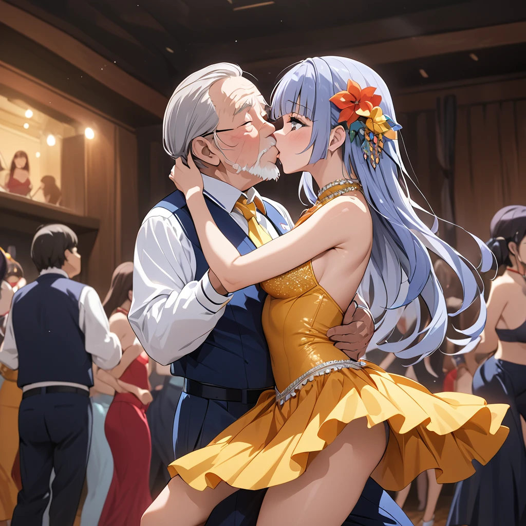 ((Highest quality)), ((masterpiece)), (detailed), (Perfect Face)、The woman is Reika Aoki with semi-long hair、A woman is wearing a salsa costume in South America, kissing and passionately dancing salsa with an old man.