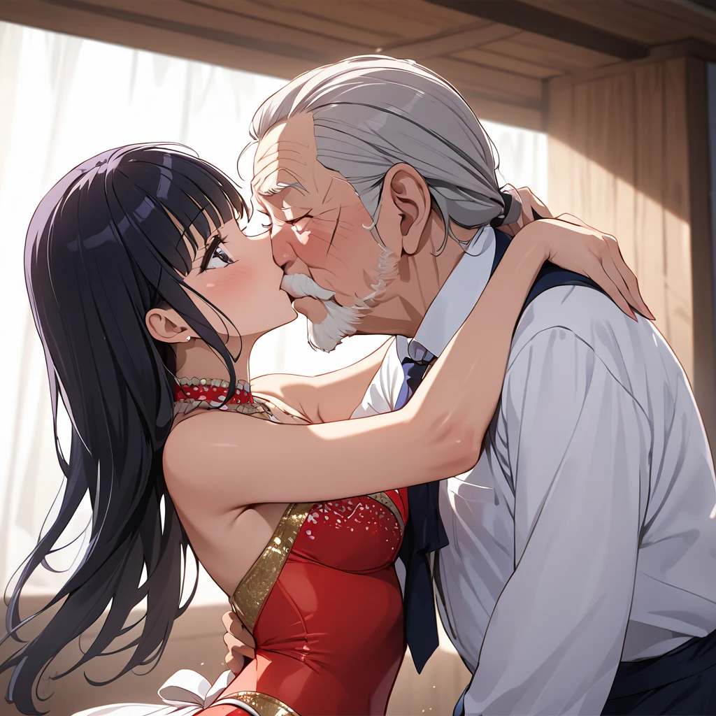 ((Highest quality)), ((masterpiece)), (detailed), (Perfect Face)、The woman is Reika Aoki with semi-long hair、A woman is wearing a salsa costume in South America, kissing and passionately dancing salsa with an old man.