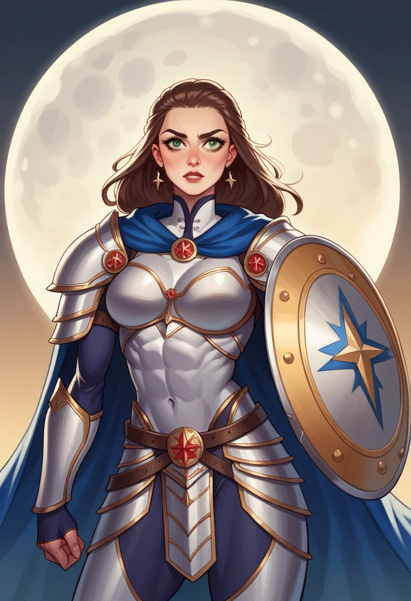Calista Moon, an athletic woman with brown hair and captivating hazel green eyes. She is depicted in a powerful and confident stance, showcasing her combat and magical skills. Calista wears a silver armor with accents of gold and blue,she wears a blue cape, athletic, sirious,complementing her formidable presence. She holds a shield bearing the emblem of a swan and wields a sublime claymore. Comics realistic