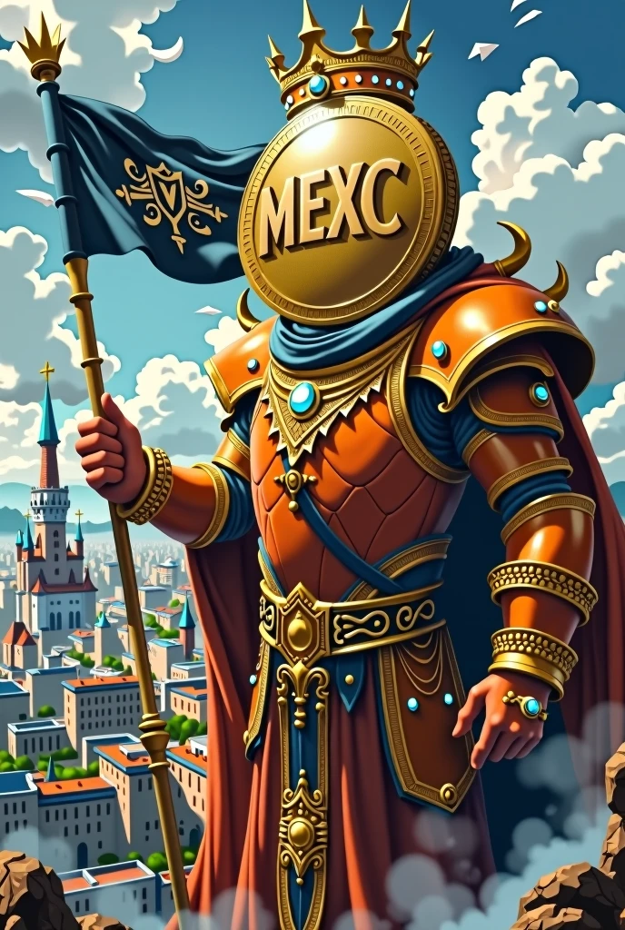 The king who has a very big head and looks like a coin and has orange armor and a beautiful crown is standing from the top of the castle looking at a big city with the inscription "Mexc" on its flag and the color of the flag of that land is dark blue. Next to the picture is written: it's $lumos time And at the top of the picture is written: kneel before the king