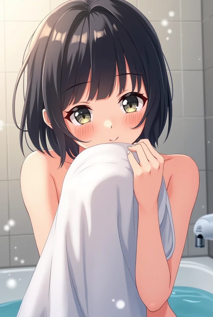 Mischievous smile of black haired woman covering her nudes with a towel anime