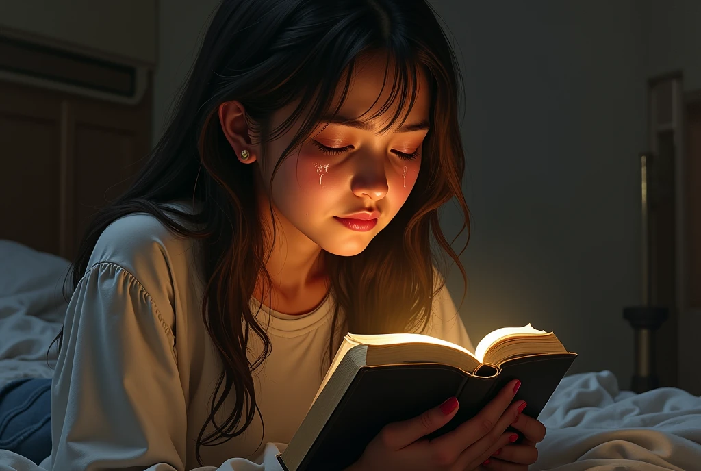 A 20 year old girl praying with the bible in her hands crying