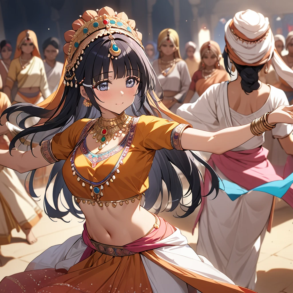 ((Highest quality)), ((masterpiece)), (detailed), (Perfect Face)、The woman is Aoki Reika, a brown-skinned Indian with semi-long hair.、A woman is dancing Rajasthani dance in an Indian Rajasthani dance costume.