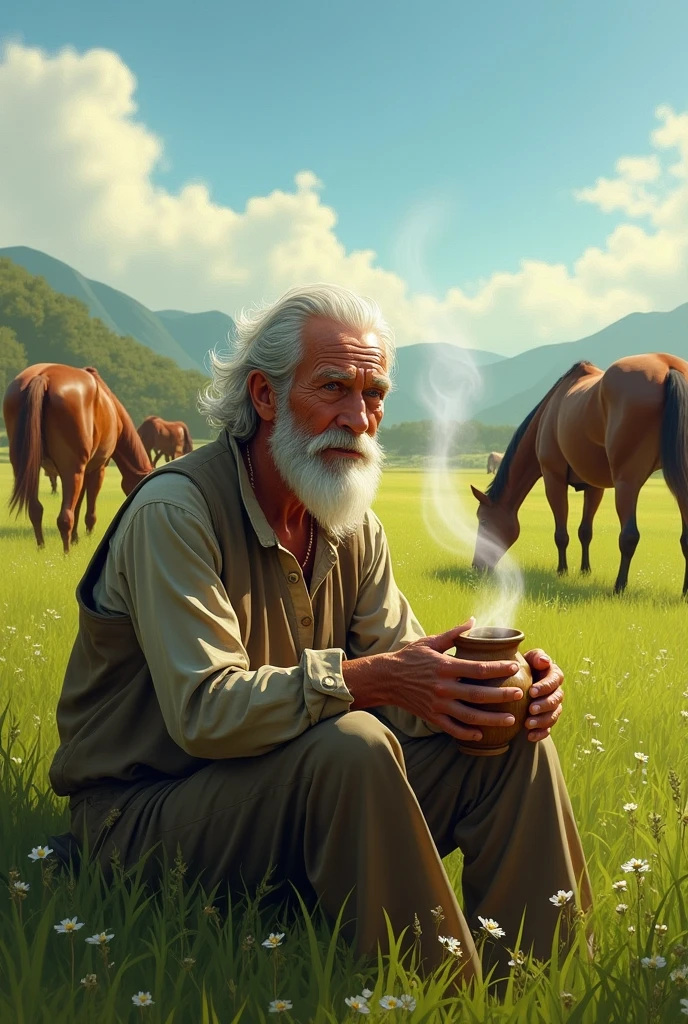 Old man in a field drinking Uruguayan mate with horses