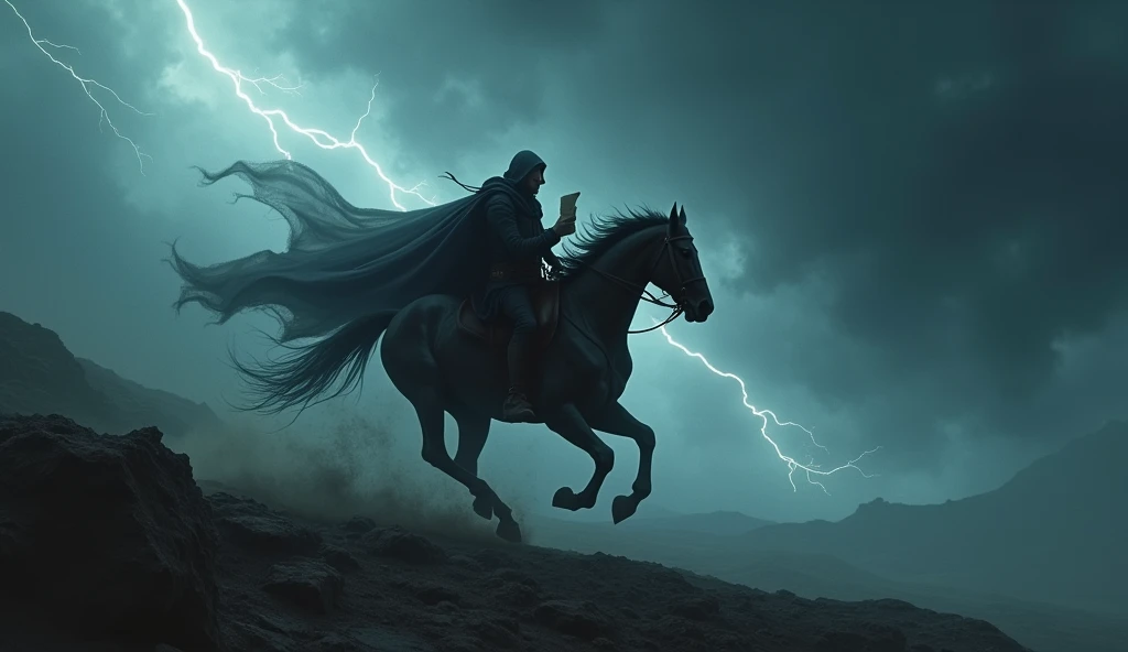 4. A lone rider on a horse, galloping through a stormy night, carrying a scroll, symbolizing the spread of revolutionary ideas in the pre-modern era.