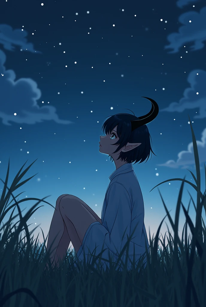 An adult girl with a short haircut like a boy with black hair and black horns like a Chinese dragon with ears like an elf sits in a field at night and looks at the stars in anime style