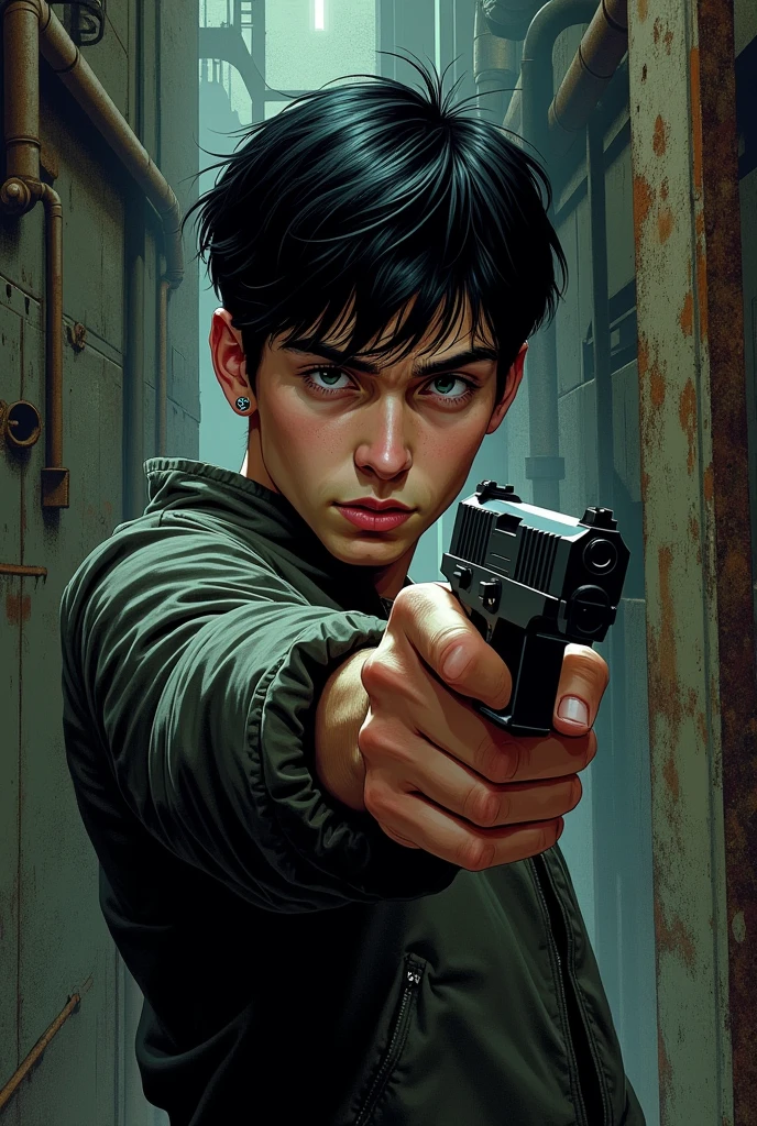 young black haired white teenage boy shooter pointing a semi-automatic pistol to the side with dark industrial comics background
