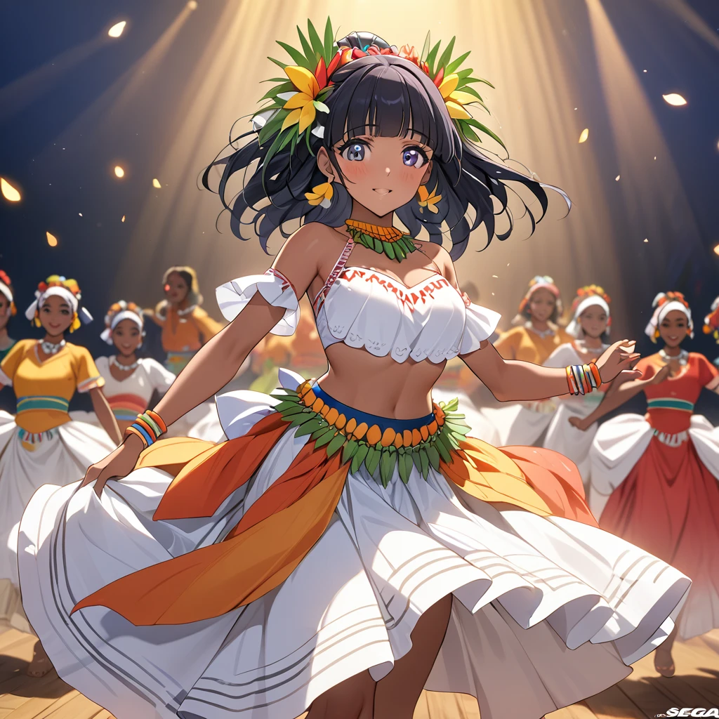 ((Highest quality)), ((masterpiece)), (detailed), （Perfect Face）、The woman is Reika Aoki, a black-skinned African with medium-long hair.、A woman is wearing a costume of the Mauritian national dance Sega dance in Mauritius, Africa, has a hairstyle of a Mauritian woman, and is dancing the Mauritian national dance Sega dance.