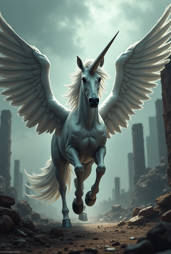 Muscle unicorn with wings cartoon dark world post apocalyptic fantasy 