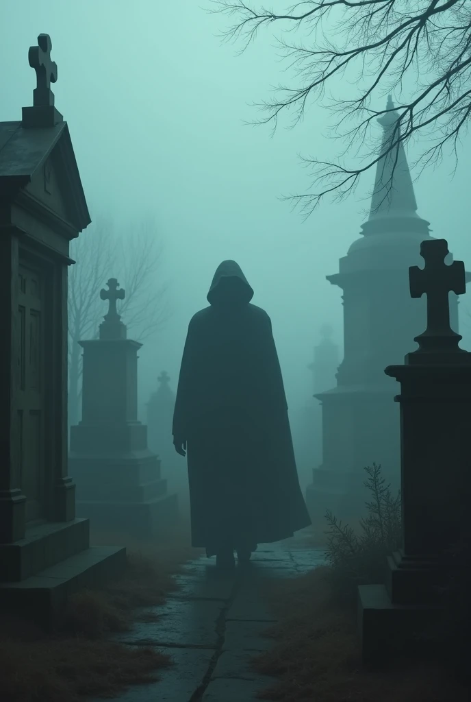 Cemetery with fog where a person sneaks