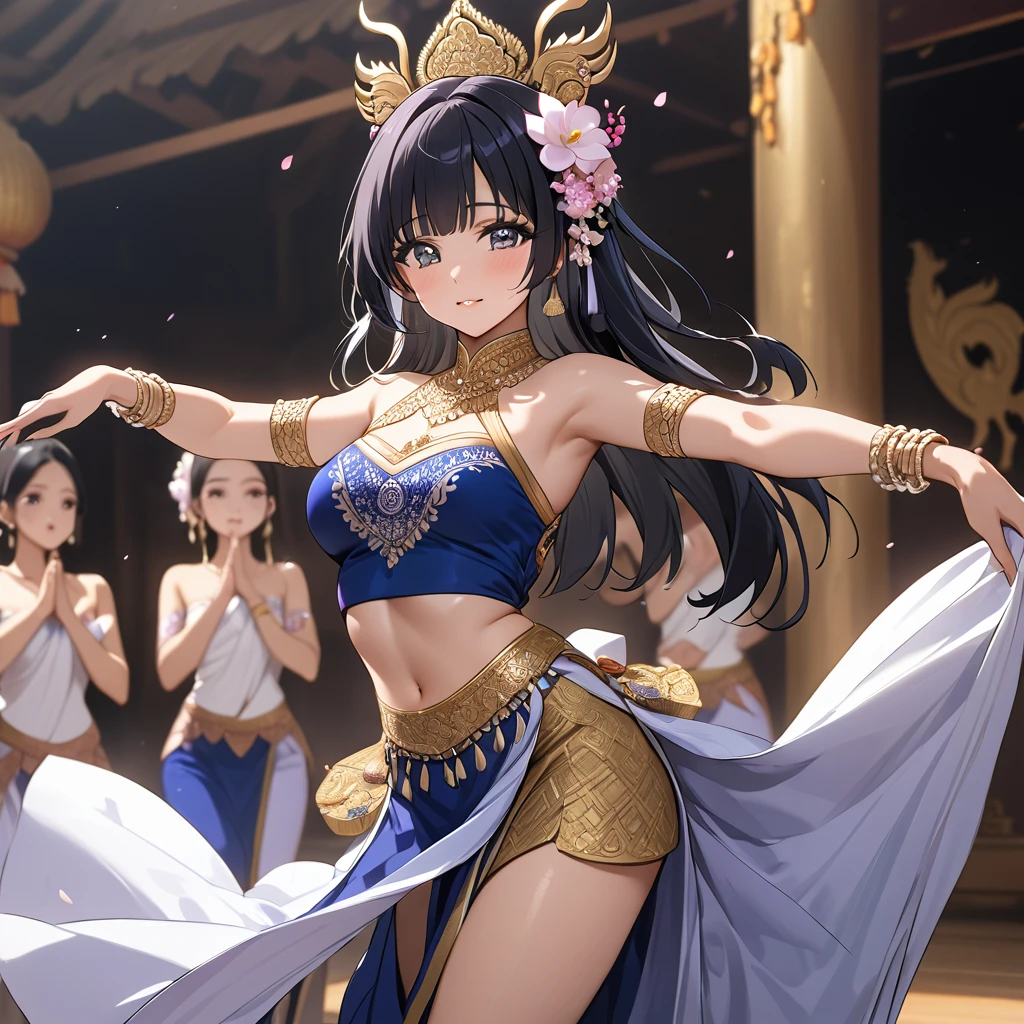 ((Highest quality)), ((masterpiece)), (detailed), (Perfect Face)、The woman is Reika Aoki, a dark-skinned Thai with semi-long hair.、A woman is wearing a Thai dance costume and dancing the Thai dance Ram in Thailand