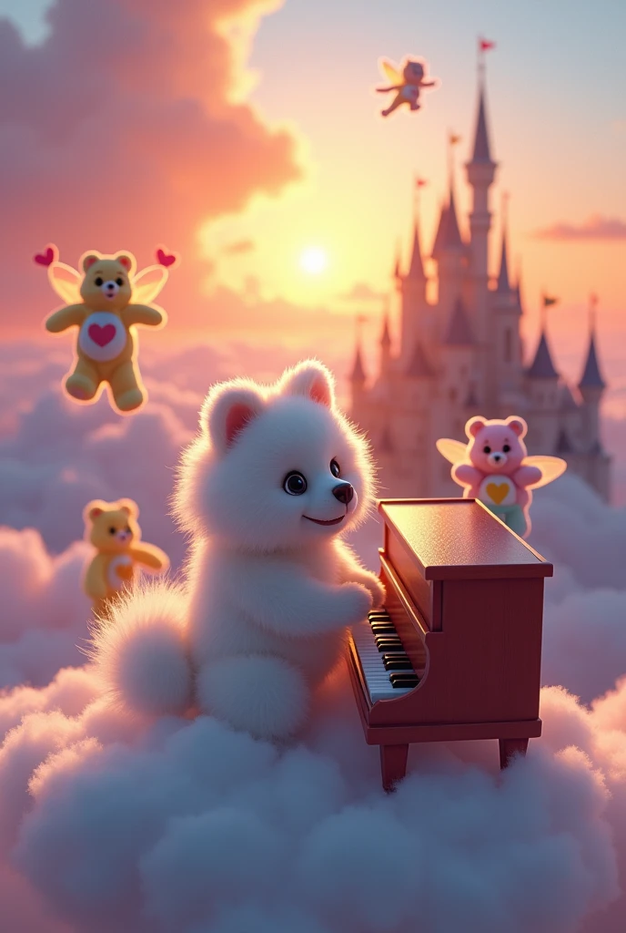Un chien de race splitz nain qui fait du piano sur un nuage devant un chateau avec un coucher de soleil entouré de bisounours et de fée entrain de danser la macarena
