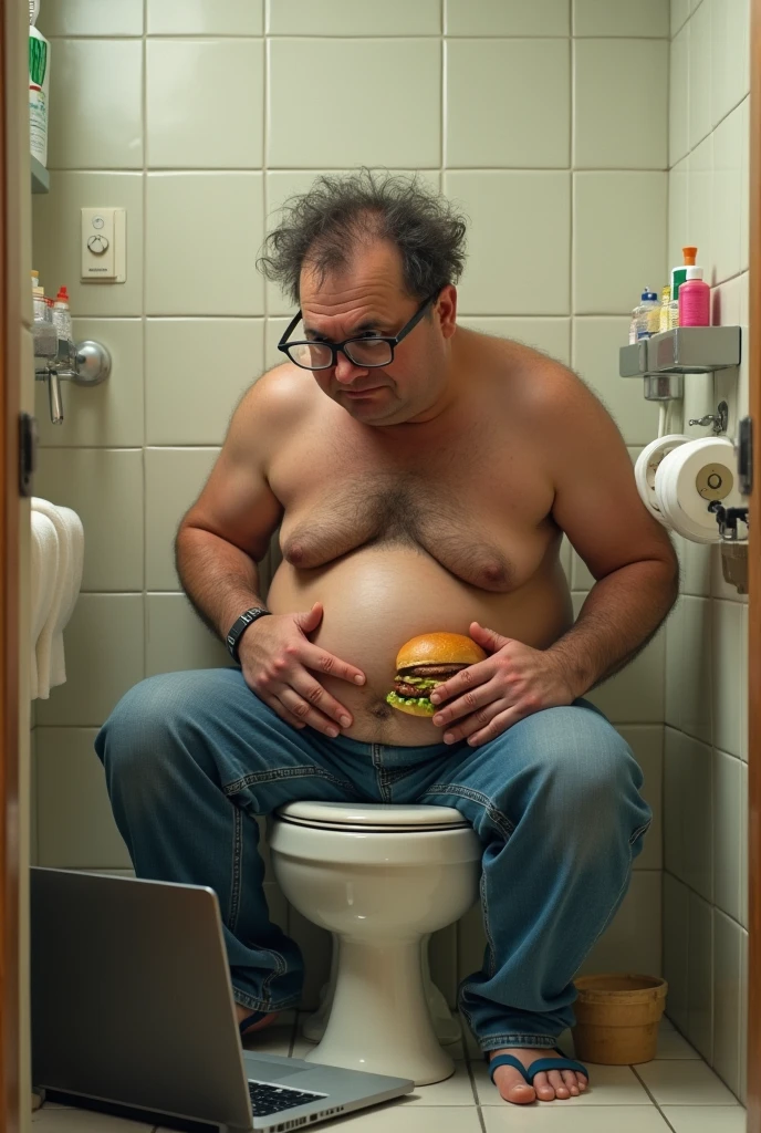 A slightly overweight man wearing glasses sitting on in a toilet scratching his pelvis while eating hamburger Infront of a laptop