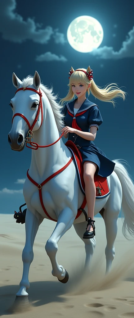 Woman ride White horse, harness, red bridle, hand hold red reins , red saddle, stirrup , running sand ride White horse, side view , field , night , full moon, exotic Japaneses girl is , (blond hair, blue eye, twin-tail hair, fringe ,Brown eye, smile, gorgeous head band ) , (middle breasts, middle hip), (Navy blue sailor suit , Navy blue sailor mini skirt , red neck tie, red ribbon of behind hip), one hand hold black cat , ((Surrealism, Verism, UHD, retina, masterpiece, anatomically correct, accurate, textured skin, super detail, high details, high quality, best quality, highres, 8k))