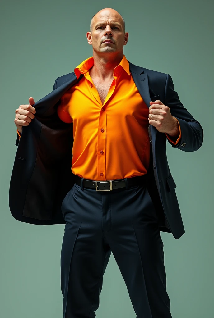 A person standing in a suoerman position wearing a suit and opening his shirt under a colorful polo shirt when he takes off the suit but with a claw nose that is in a flat American style movie style