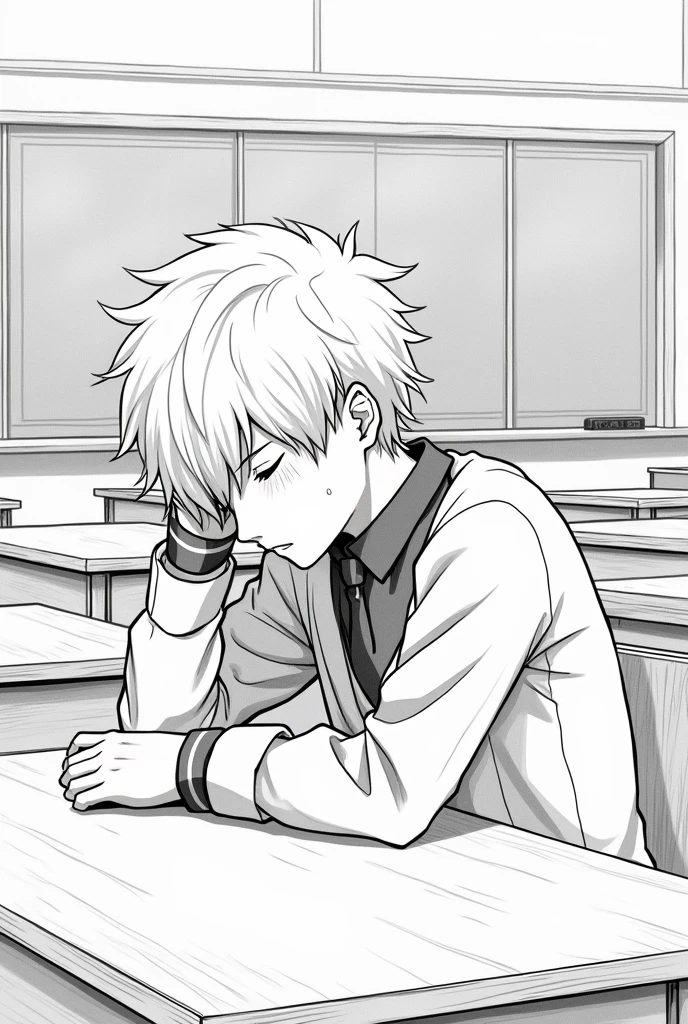 Anime black and white 2d drawing teenage student white haired man sleeping in classroom