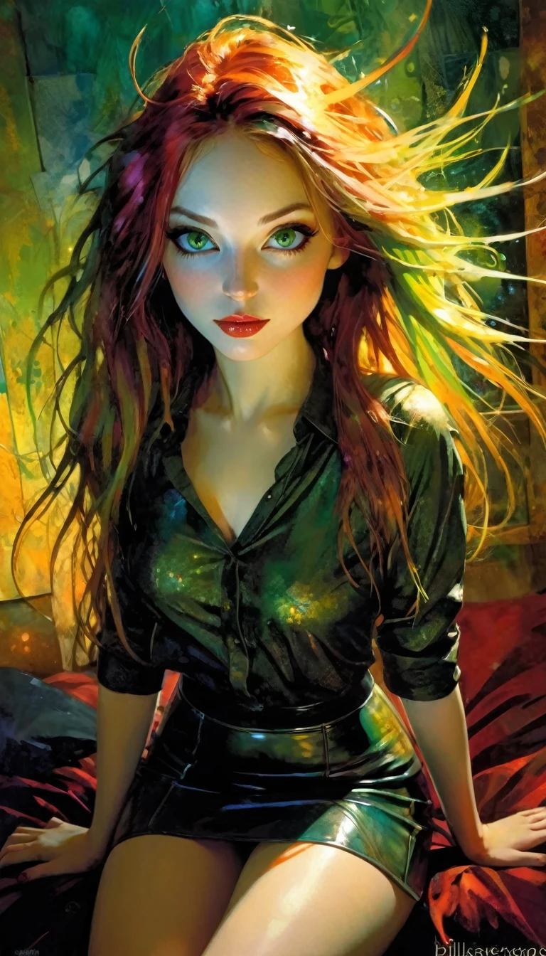 ((masterpiece)), ((best quality)), (ultra detailed), ((extremely detailed)), 4K, (8K), best quality, (beautiful), realistic style, in the room, on the bed, a cute girl, 1 girl, alone, miniskirt, beautiful long multicolored hair, beautiful green eyes, ((beautiful eyes)), long hair, light smile, blush, lens flare, from above, selfie, night, eroticism, sexy, (best quality, 4k, 8k, high resolution, masterpiece: 1.2), ultra-detailed, (realistic, photorealistic, photorealistic: 1.37), details intricate, vivid colors, sharp focus, professional, Dave McKean artwork, surrealism oil touch, oil painting style, portrait, woman, beautiful detailed eyes, beautiful detailed lips, dreamy atmosphere, shadow play, lighting soft, fun pose, dark tones, ethereal background, fantasy elements, texture, layered composition., art inspired by Bill Sienkiewicz and Dave McKean.