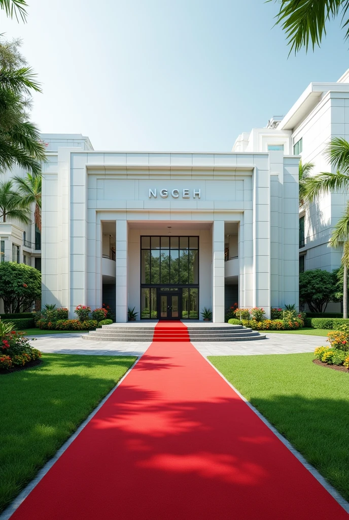 A company headquarters with Singaporean architecture, White in colour large, Grass and flowers altogether with a driveway on the compound ,red carpet at the entrance,NGCEH written on the concrete built on the grass in the compound 