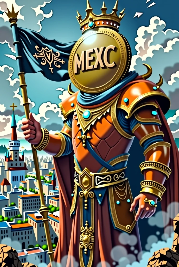 The king who has a very big head and looks like a coin and has orange armor and a beautiful crown is standing from the top of the castle looking at a big city with the inscription "Mexc" on its flag and the color of the flag of that land is dark blue. Next to the picture is written: it's $lumos time And at the top of the picture is written: kneel before the king