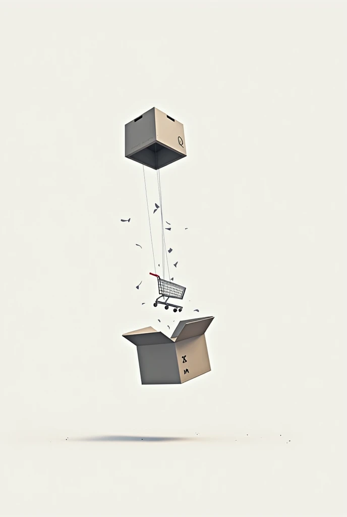 A minimalist image of a supply box falling like pubg mobile drops, with the box open, a shopping cart coming out and on the front of the box a stamp of a "K"