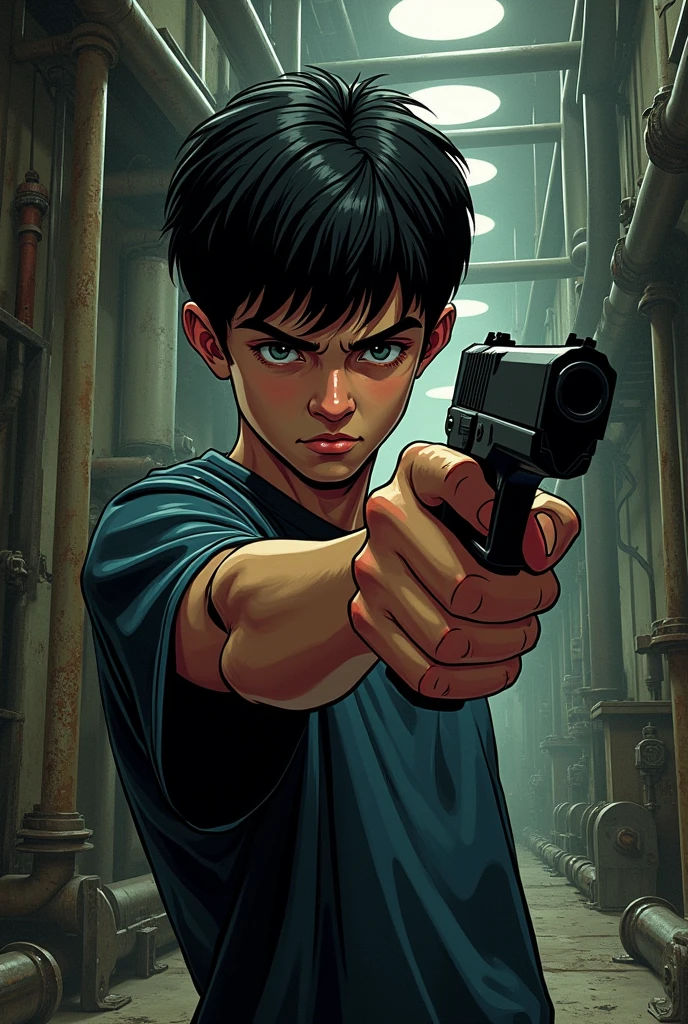 young black haired white teenage boy shooter pointing a semi-automatic pistol to the side with dark industrial comics background