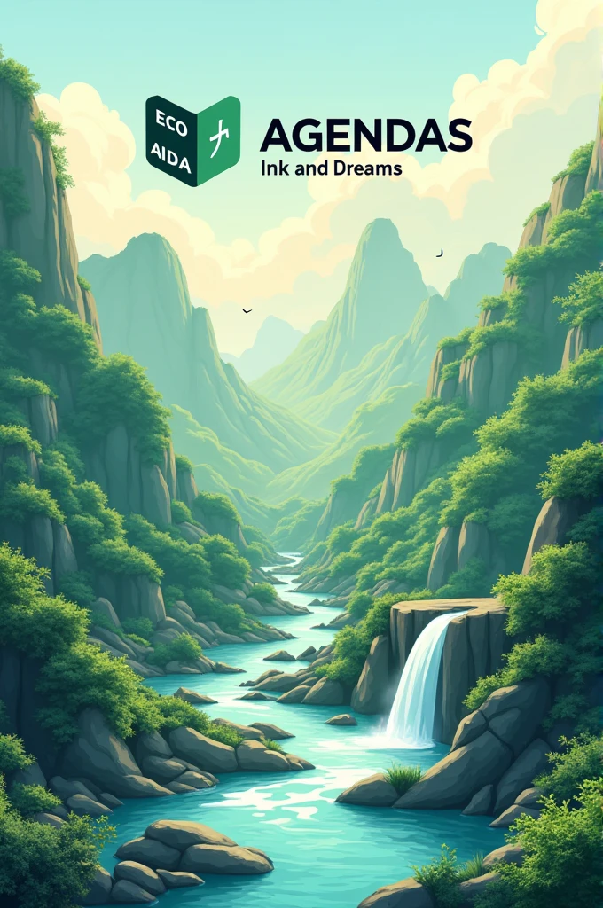 Create an image of a logo with an agenda inside with the name "eco-agendas ink and dreams" with an environmental background