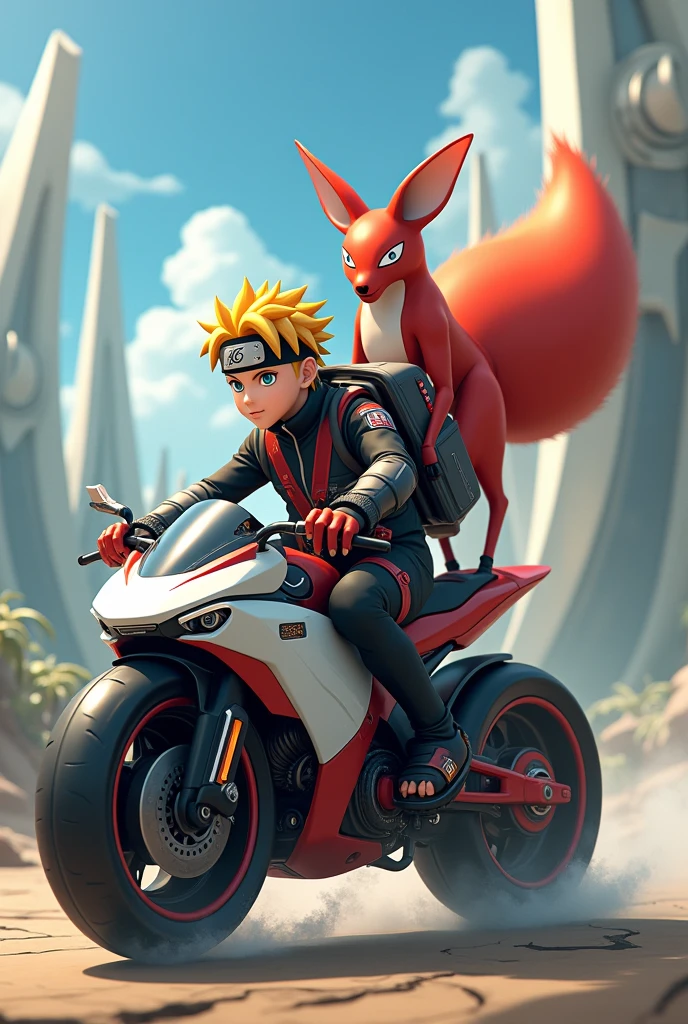 ant as robot an with bike white & red & black colour and Naruto with kurama
