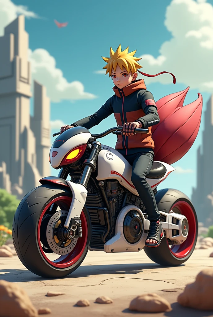 ant as robot an with bike white & red & black colour and Naruto with kurama