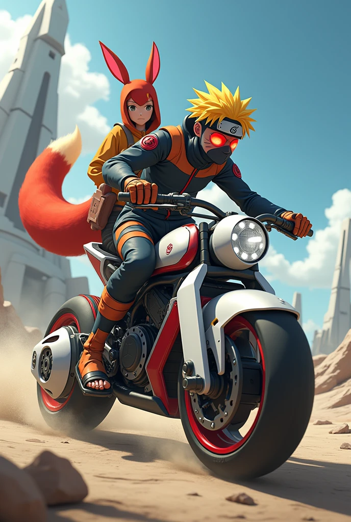 ant as robot an with bike white & red & black colour and Naruto with kurama