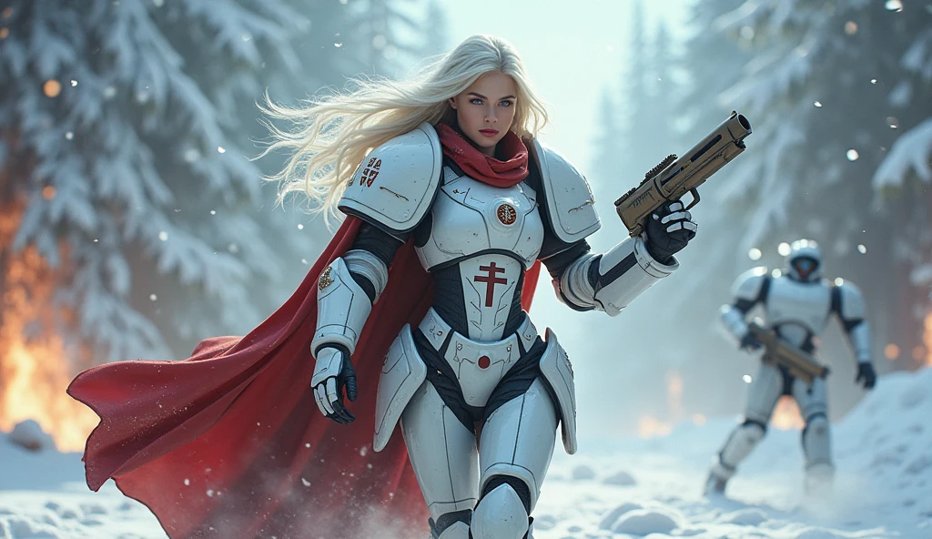 a beautiful woman with long platinum blonde hair, porcelain skin, ice blue eyes, sexy sisters of battle from the warhammer 40k, shooting at the enemy, white space marine armor with intricate details, red long flowing cloak, religous symbols on the armor, sisters of battle, warhammer 40k, Massive silicone breast, pale skin, seductive, temptation, eat your soul, clevage, , standing in a magical winter wonderland with snow-covered trees and frozen lakes, intricate ice crystals and snowflakes surrounding her, (best quality,4k,8k,highres,masterpiece:1.2),ultra-detailed,(realistic,photorealistic,photo-realistic:1.37),fantasy,digital art,cinematic lighting, highly detailed armor, intricate futuristic weaponry, gritty and realistic, mecha, science fiction, hyper-detailed, photorealistic, award winning digital art, 8k, HDR, masters work, in the middle of a battle field, full body combat action pose, explosions and fire around, full war, charging, running forward, attacking, stunning, Stilleto heels, high heels, full body pose, cinematic, dust and debree, combat screams, attacking, shooting at the enemy, sisters of battle, warhammer 40kdramatic color palette,frozen landscape,ice powers,snow queen