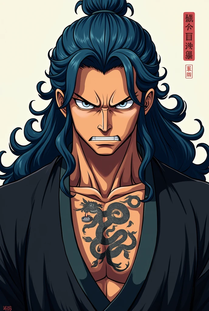 A man in full body, with the drawing style of ONE PIECE, that has long dark blue hair, elegant hairstyle, black chinese culture clothing style and gray eyes. angry. And with a tattoo of a snake on the neck