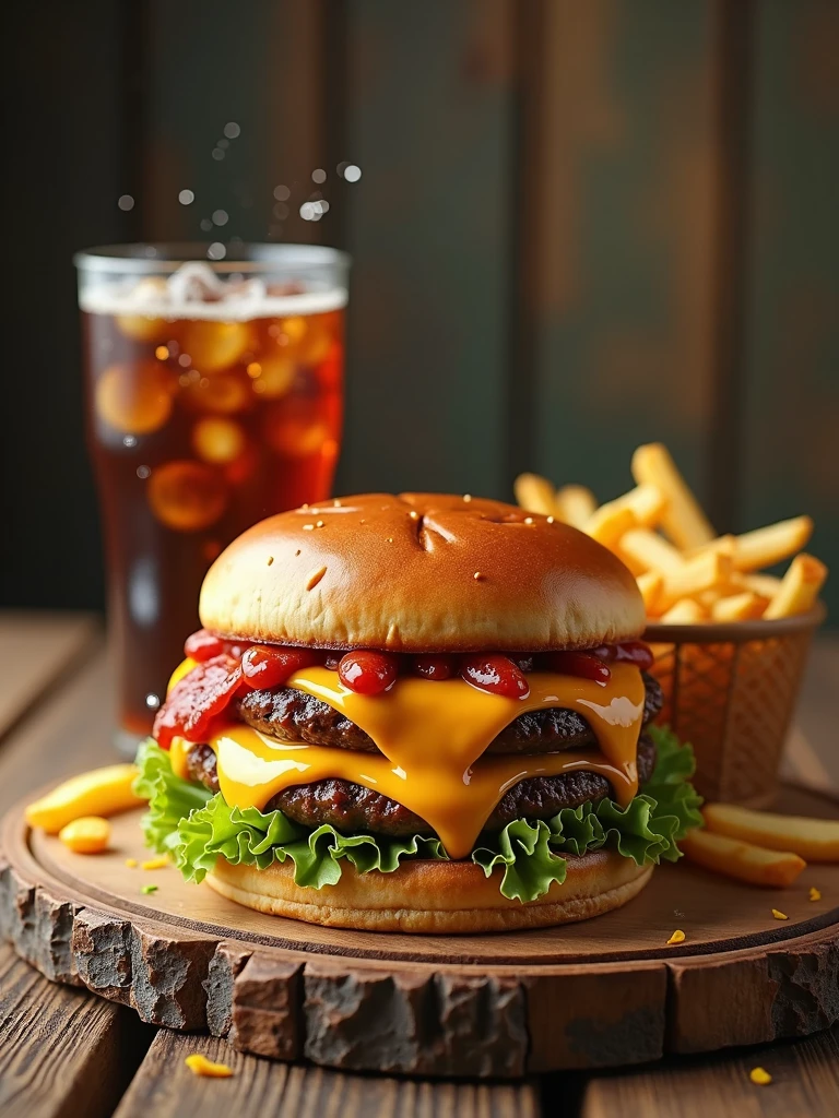 burger, soda and fries combo with cheddar on the table