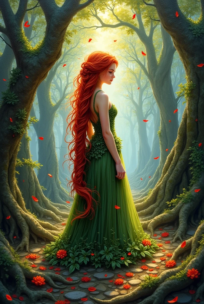 oil,Impressionism,Medium size full view, In the ancient forest, the image captures the ethereal beauty of a young dryad. her long, Her braided red hair cascades down like flames, intertwine (The vines and flowers that make up her gorgeous dress:1.2), The air is filled with colorful petals, Spotted sunlight paints an enchanting tapestry on the forest floor, dense foliage, Gnarled roots and branches, Sun rays, ethereal, Mysterious, Wonderful, chiaroscuro, masterpiece, highest quality,Bitchu