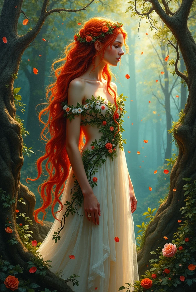 oil,Impressionism,Medium size full view, In the ancient forest, the image captures the ethereal beauty of a young dryad. her long, Her braided red hair cascades down like flames, intertwine (The vines and flowers that make up her gorgeous dress:1.2), The air is filled with colorful petals, Spotted sunlight paints an enchanting tapestry on the forest floor, dense foliage, Gnarled roots and branches, Sun rays, ethereal, Mysterious, Wonderful, chiaroscuro, masterpiece, highest quality,Bitchu