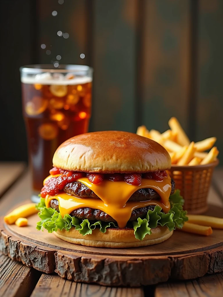 burger, soda and fries combo with cheddar on the table