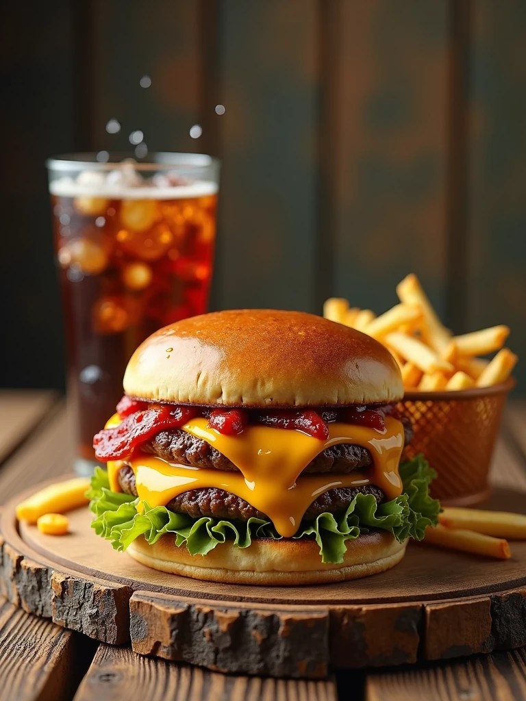 burger, soda and fries combo with cheddar on the table