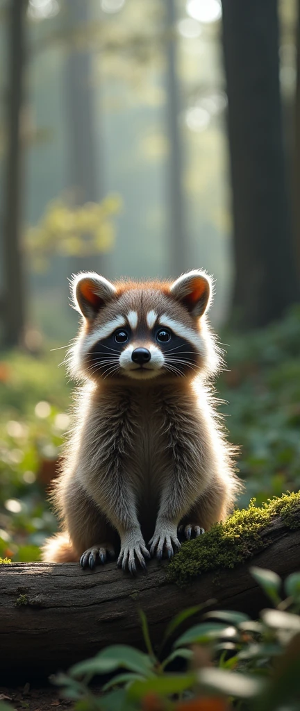 A photo of an extra fluffy baby raccoon with a cheerful expression. The raccoon is sitting on a log in a forest. The background is filled with greenery. There is a mesmerizing holographic glitzy magic spell in the background. The spell is bursting with vibrant colors and sparkling light. The spell is taking center stage in this photo.