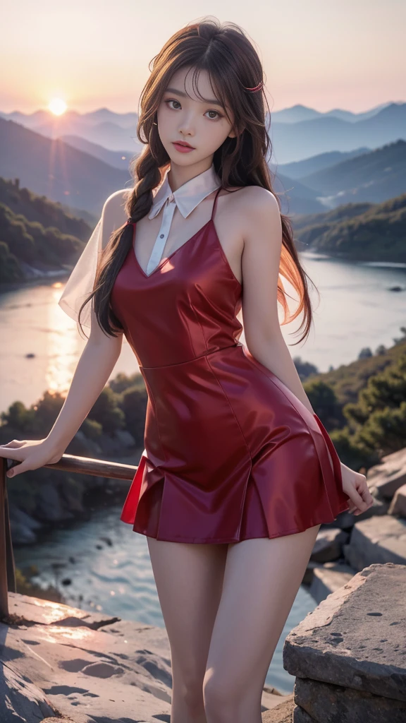 ulzzang-6500-v1.1, (RAW photo: 1.2), (Real photo), (Real photo: 1.4), 1 girl、Perfect anatomy、1、Looking at the camera、Medium length hair、side braids, Uniform red sexy dress, watching the sunset, ((in the mountains: 1.1))、(Business service)、Asian eyes Ella,