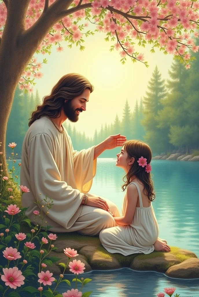 Can you visualize an image for a job?, of the movie "miracles from heaven" and the girl in front of the sky full of flowers and a lake surrounded by trees.
She was sitting in front of the lake and Jesus was at her side looking at her with a smile and caressing her head..
Pencil and paper drawing style.