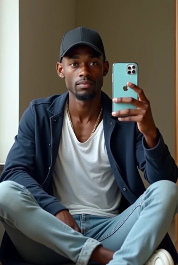 best qualityer:1.4), (ultra high resolution:1.2), (photorrealistic:1.4), (8k, CRU photo:1.0), a thin young man of 20 years old, skin black, with a smooth, beardless face, corte de cabelo buzzcut, He's wearing a black cap. is wearing a white tank top. He's wearing a basic navy blue coat on top.. is wearing light jeans. Basic white sneakers. He is sitting on the chair in front of the mirror. He's taking a picture. thin build. iPhone 15 pro cell phone with baby blue case. The iPhone apple is visible
