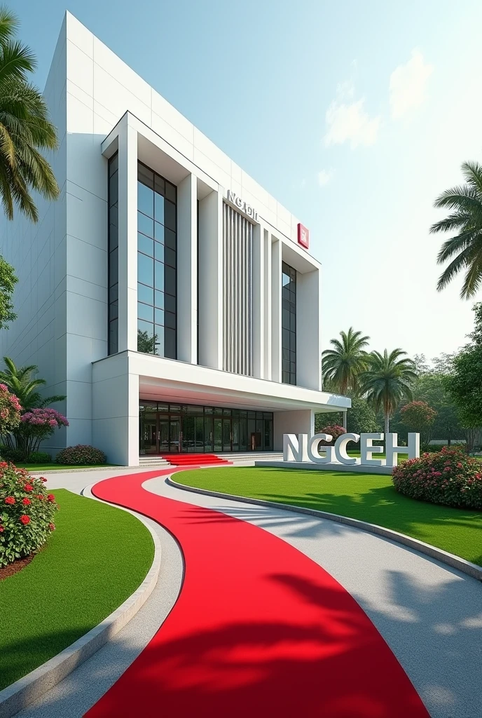 A company headquarters with Singaporean architecture, White in colour large, Grass and flowers altogether with a driveway on the compound ,red carpet at the entrance,NGCEH written on the concrete built on the grass in the compound