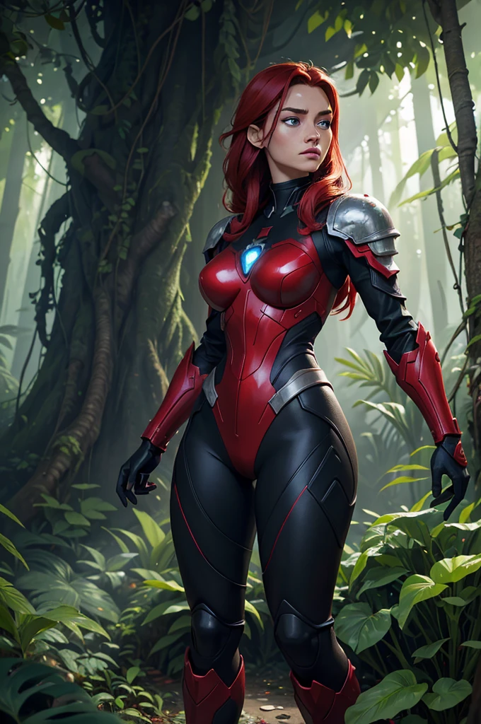 ultra-fine digital painting of a shape-shifting entity that adapts to the environments of a jungle planet with levitating cyberpunkai flora, super detaill, Ultra-realism, volumetric lighting. inside this forest Create of a Caucasian style woman, pale caucasian woman skin, cabelo comprido loiro e vermelho stark, long straight, with red details red highlights, beautiful detailed face, blue eyes, Youngh, stark, closed, perfectbody,. uma imagem no estilo dos Knights of the Zodiac(Knights of the Zodiac) make the female armor completely red, with some dark details. red and black knee-high armor style boot.a modern and cyberpunk look. It's coming out of the mouth of a high tech city, Tokyo style full of red and black crystals. cyber punk, Steampunk, Splatterpunk