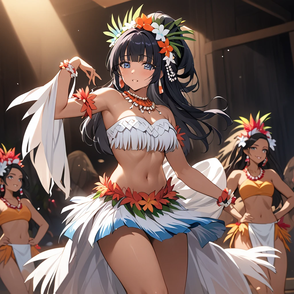 ((Highest quality)), ((masterpiece)), (detailed), （Perfect Face）、The woman is Aoki Reika, a dark-skinned Tahitian with semi-long hair.、The woman is wearing a Tahitian dance costume, has a Tahitian hairstyle, and is dancing the Tahitian dance.