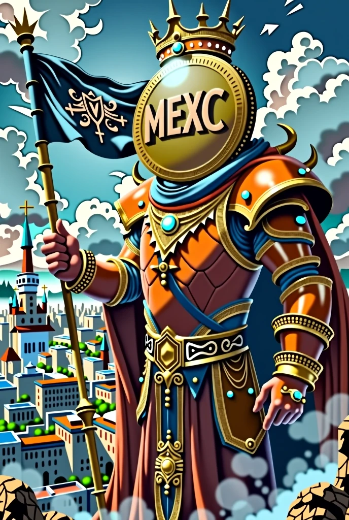 The king who has a very big head and looks like a coin and has orange armor and a beautiful crown is standing from the top of the castle looking at a big city with the inscription "Mexc" on its flag and the color of the flag of that land is dark blue. Next to the picture is written: it's $lumos time And at the top of the picture is written: kneel before the king