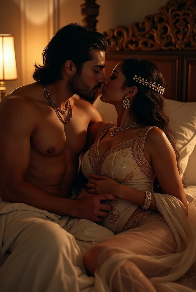Indian milf beautiful naked curvy Queen kissing a young prince, laid naked in bed,prince hand on queen breast,dim light in room, fantasyreal