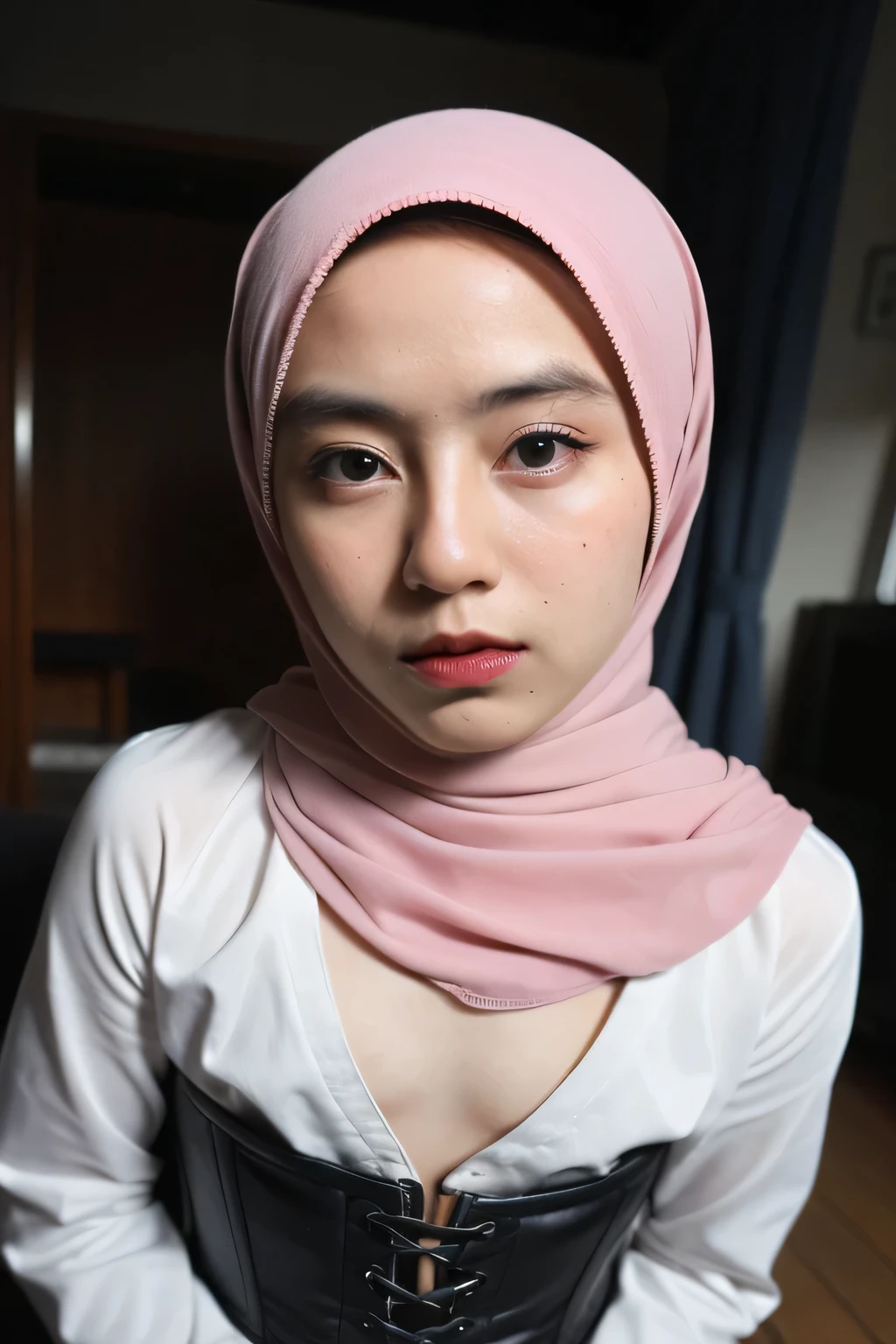 ((Corset)), ((CORSET)), (Pencil Pattern)), (((((HALF BODY PORTRAIT))))), ((FLAT CHEST:1.8)), ((Lace)), ((SAD FACE EXPRESSION:1.15)), masutepiece, High quality, UHD 32K, Realistic face, Realistic skin feeling , A INDONESIAN Lady, 5 matured lady, , Very cute and baby-like face, (((FLAT CHEST))), (Night time at forest), ((look In front at the camera and SADNESS)), (((CUTE GIRL))), ((DARK RED FLUORESCENT LIPS)), ((Pencil Pattern)) little wearing strapless, strapless colorful, dark night background , black forest night, horror scary place, (from behind up) seductive pose. (((JILBAB STYLISH)))