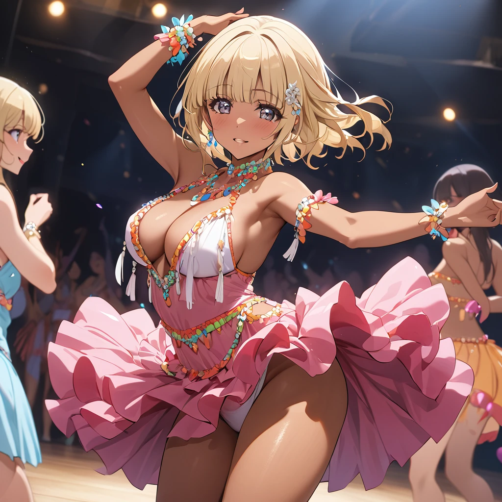 ((Highest quality)), ((masterpiece)), (detailed), (Perfect Face)、The woman is Reika Aoki, a Latin American with dark skin and medium-long blonde hair.、A woman is dancing the lambada in a lambada costume in South America