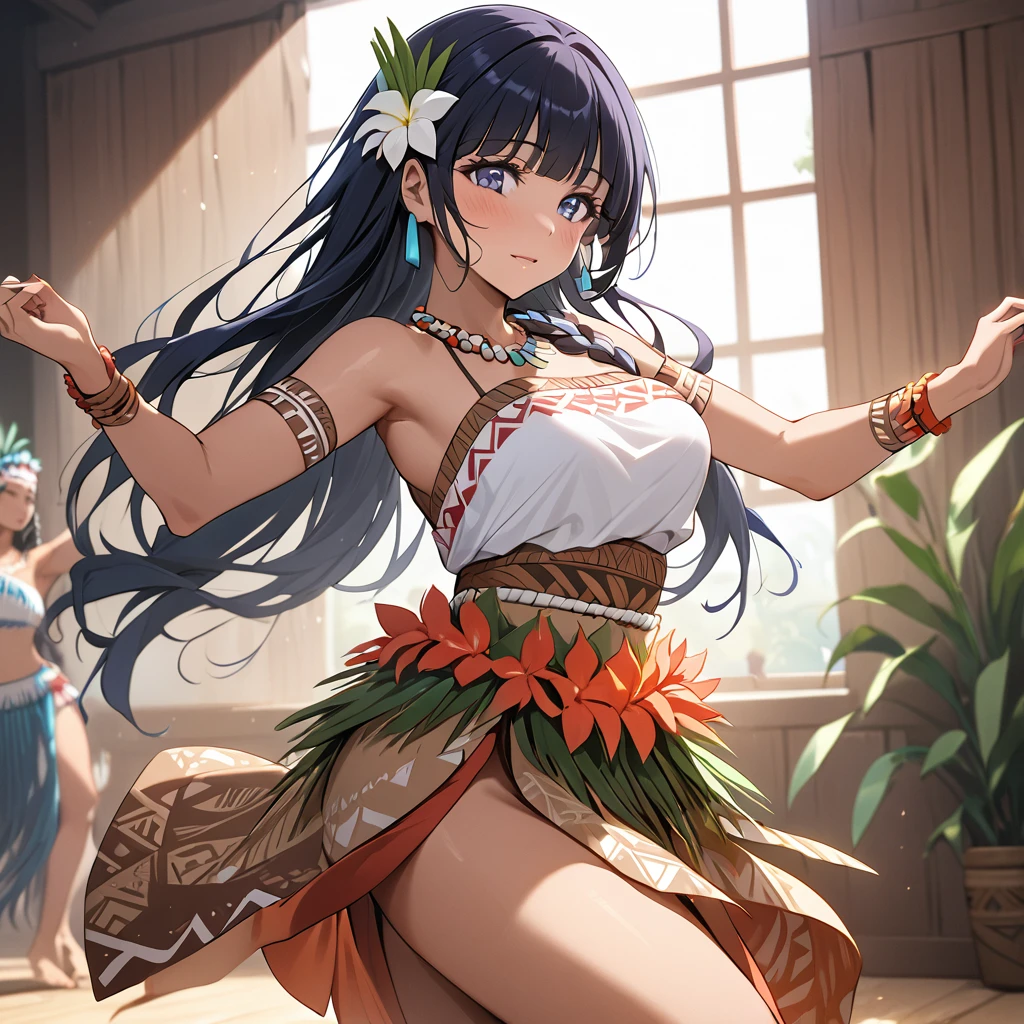 ((Highest quality)), ((masterpiece)), (detailed), （Perfect Face）、The woman is Reika Aoki, Polynesian, with semi-long hair.、A woman is wearing a Polynesian dance costume and dancing a Polynesian dance